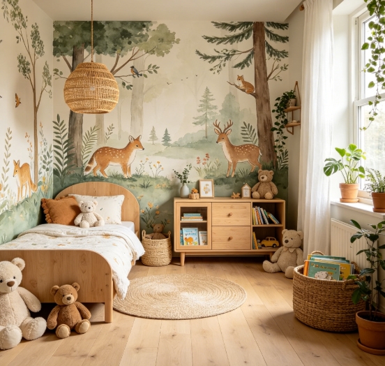 Nordic style kids bedroom with forest mural.