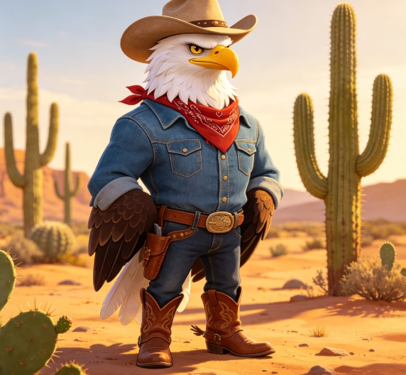 Bald eagle cowboy in desert with cacti.