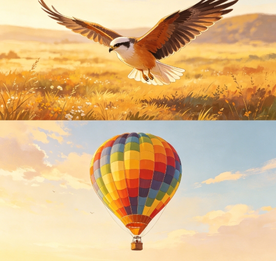 Eagle in field and hot air balloon split top and bottom merge.