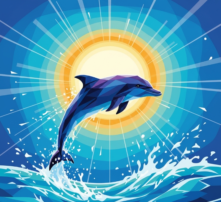 Geometric abstract dolphin leaping from ocean waves towards the sun.