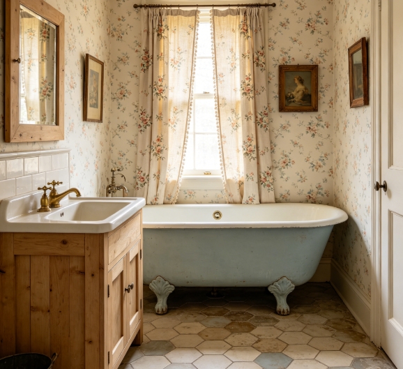 Vintage cottage bathroom with clawfoot tub.