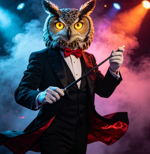 Owl head magician character swap in tuxedo.