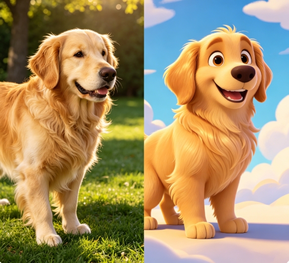 Real golden retriever to 3D cartoon character style swap.