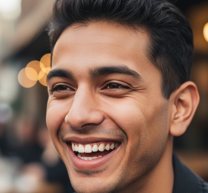 Cheerful young man smiling in warm bokeh city background.