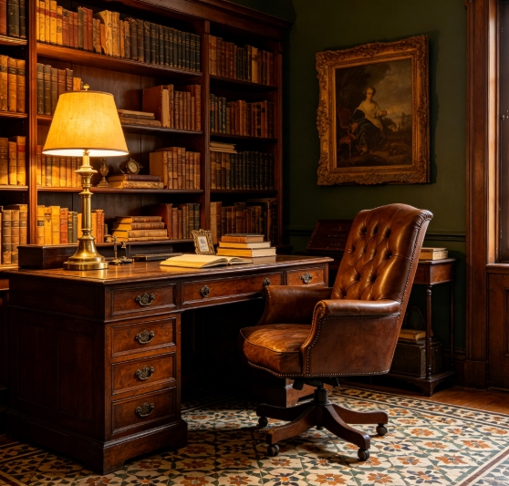 Vintage British study with dark wood bookshelves.