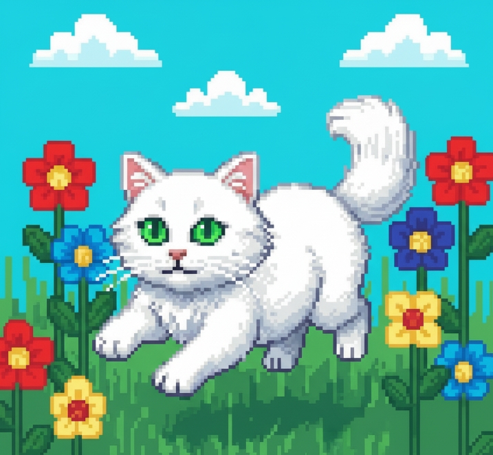 Playful white pixel art cat in a flowery field.