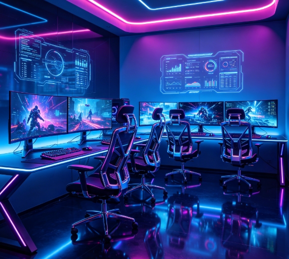 Cyberpunk style e-sports room with neon lights.