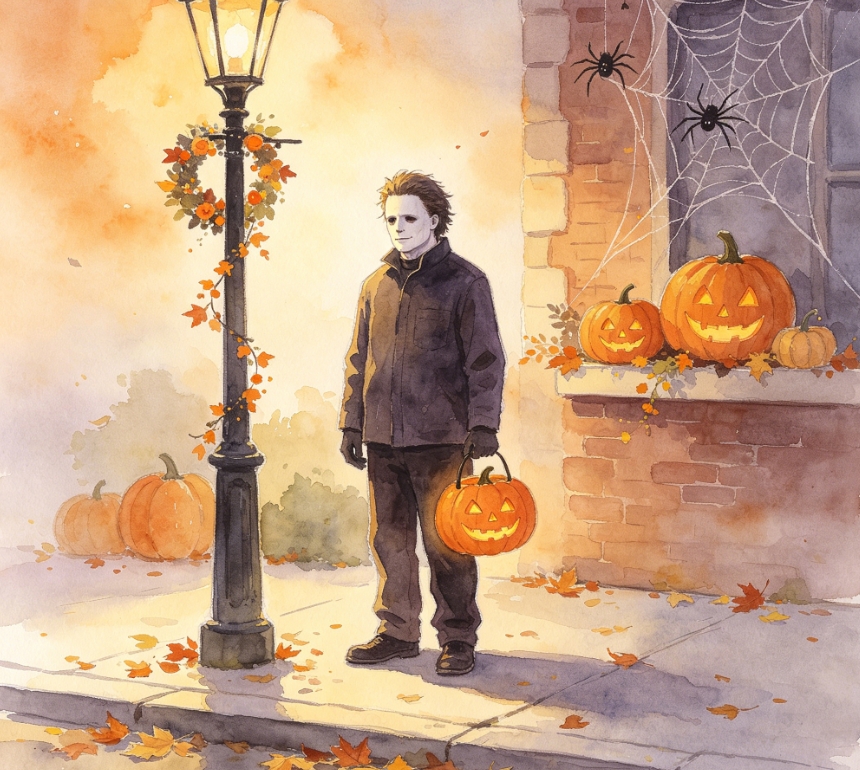 Watercolor Michael Myers with Halloween pumpkin