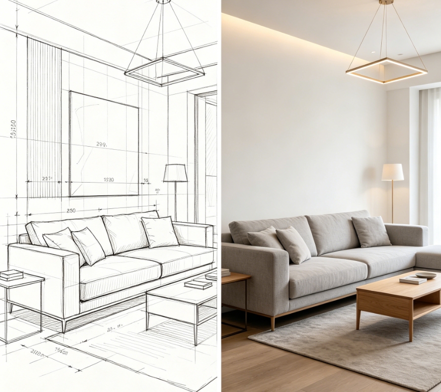 Modern minimalist living room sketch to interior render