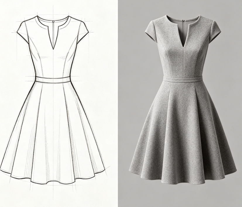 Minimalist V-neck A-line dress sketch to render