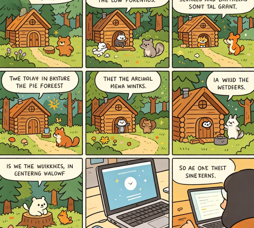 Forest animals 9-panel comic strip from text
