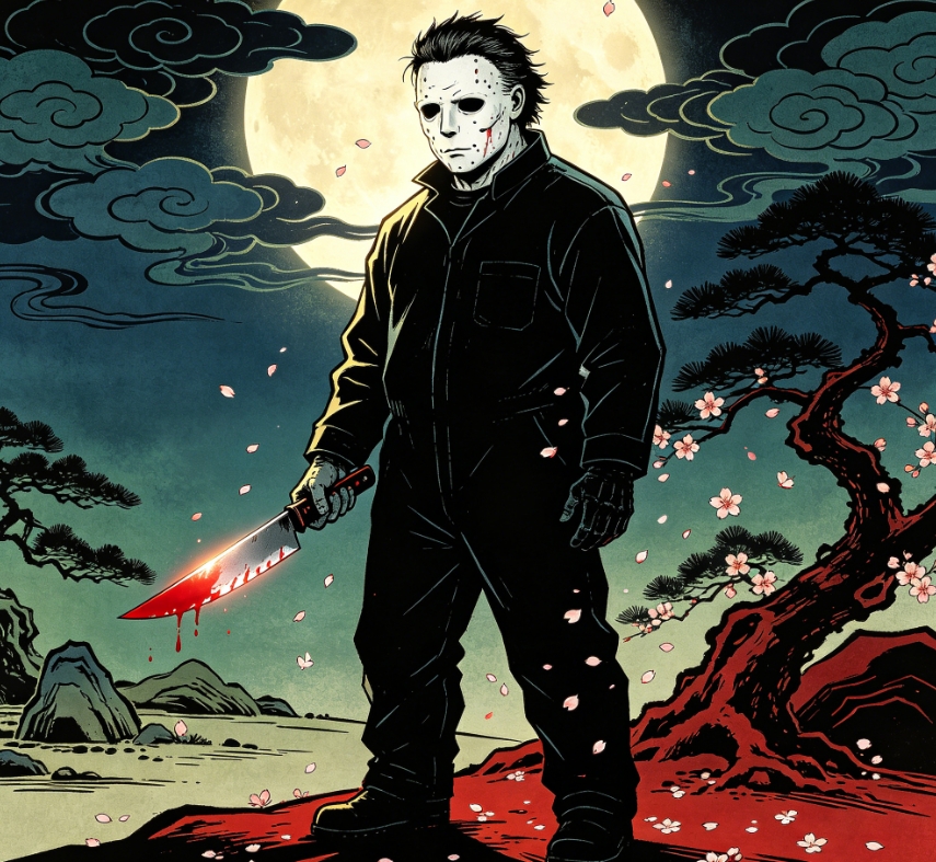 Ukiyo-e style Michael Myers under cherry blossom moon