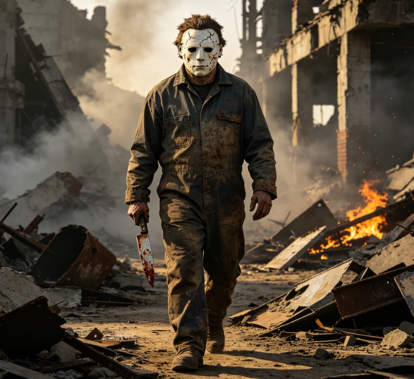 Post-apocalyptic Michael Myers in ruins