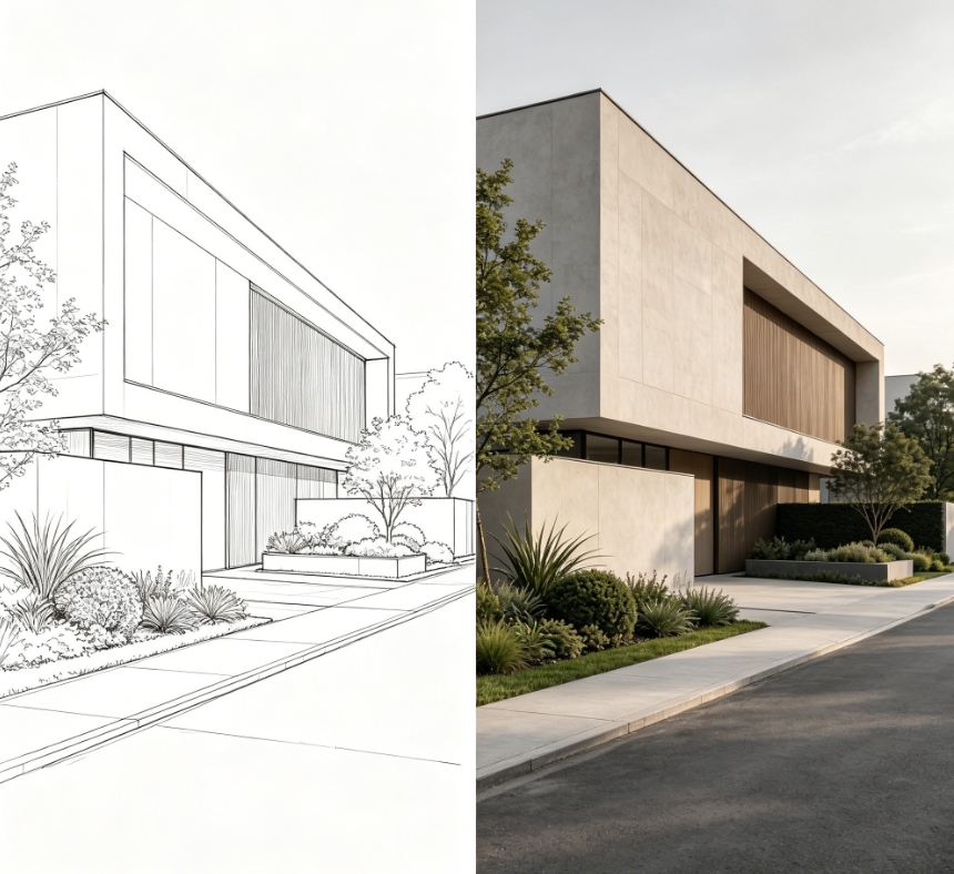 Modern minimalist villa street facade sketch to exterior render
