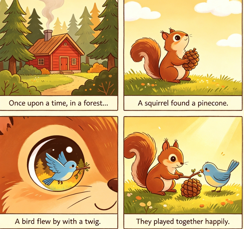 Squirrel and bird warm fairy tale 4-panel comic