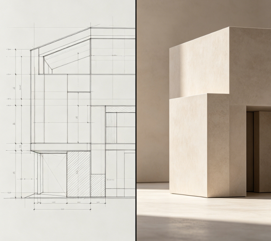 Minimalist concrete building elevation sketch to render