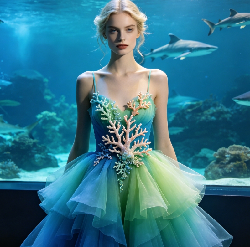 Coral embellished tulle ocean dress