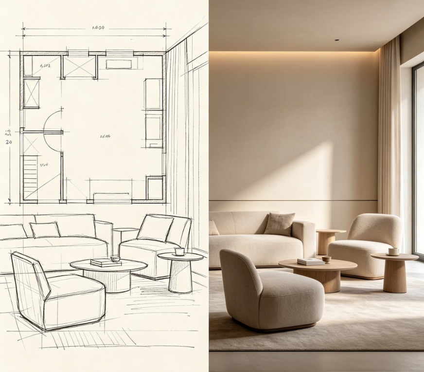 Wabi-sabi living room sketch to interior render