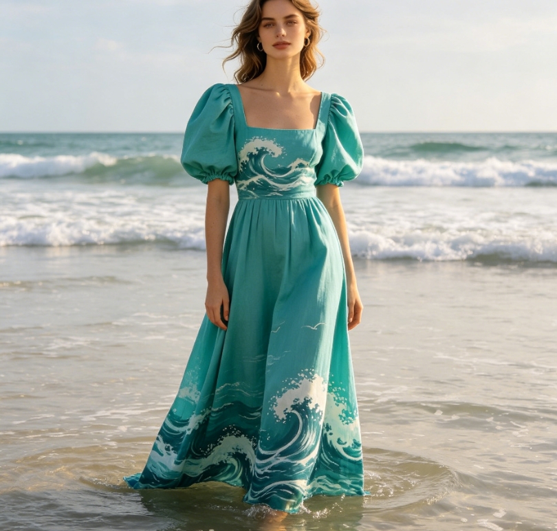 Wave print puff sleeve ocean dress on beach