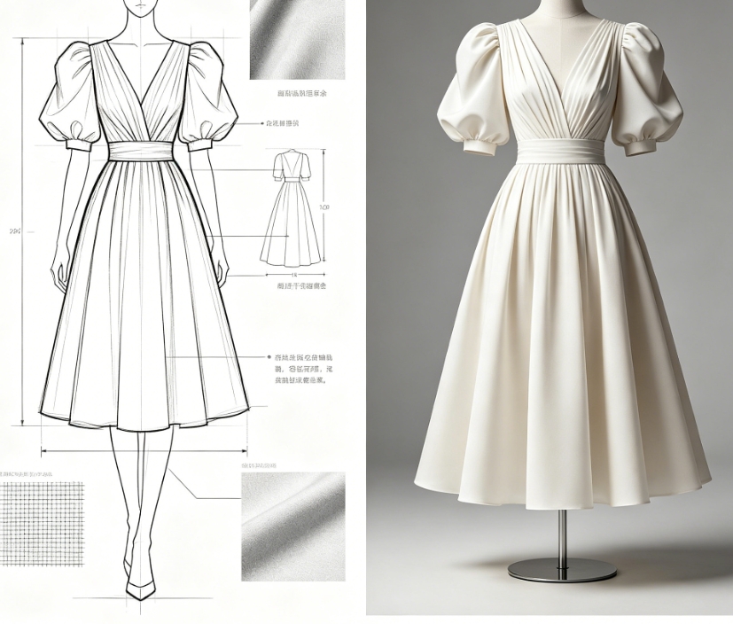 Puff sleeve midi dress fashion sketch to render