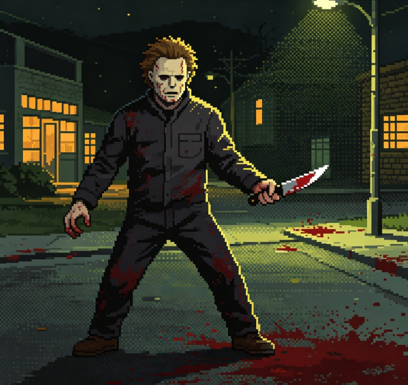 Pixel art Michael Myers on Halloween street