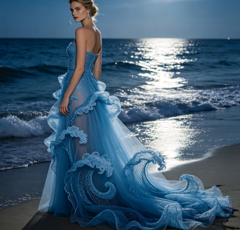 Strapless ruffle wave train ocean gown