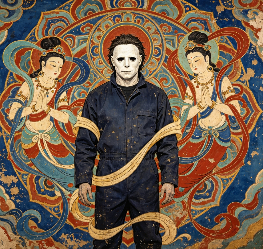 Dunhuang mural style Michael Myers with flying apsaras