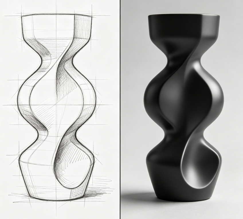 Curved abstract vase sketch to 3D render