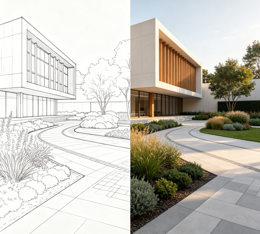 Modern building curved pathway landscape sketch to render