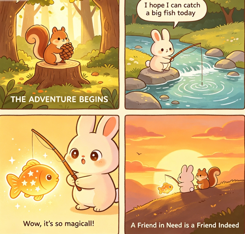 Squirrel and rabbit fishing friendship 4-panel comic