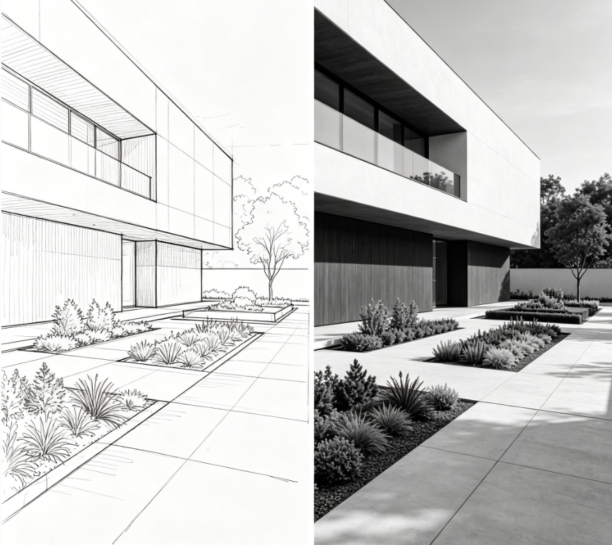Modern villa courtyard landscape sketch to render