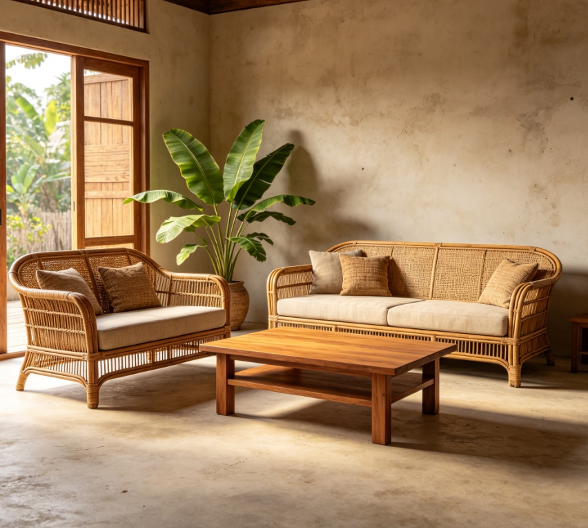 Tropical bohemian empty living room staging