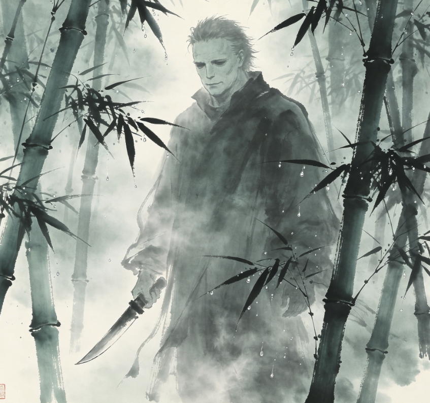 Ink wash painting Michael Myers in bamboo forest