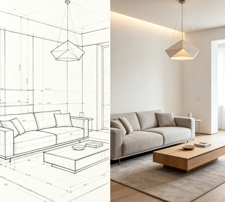 Geometric pendant light living room sketch to render