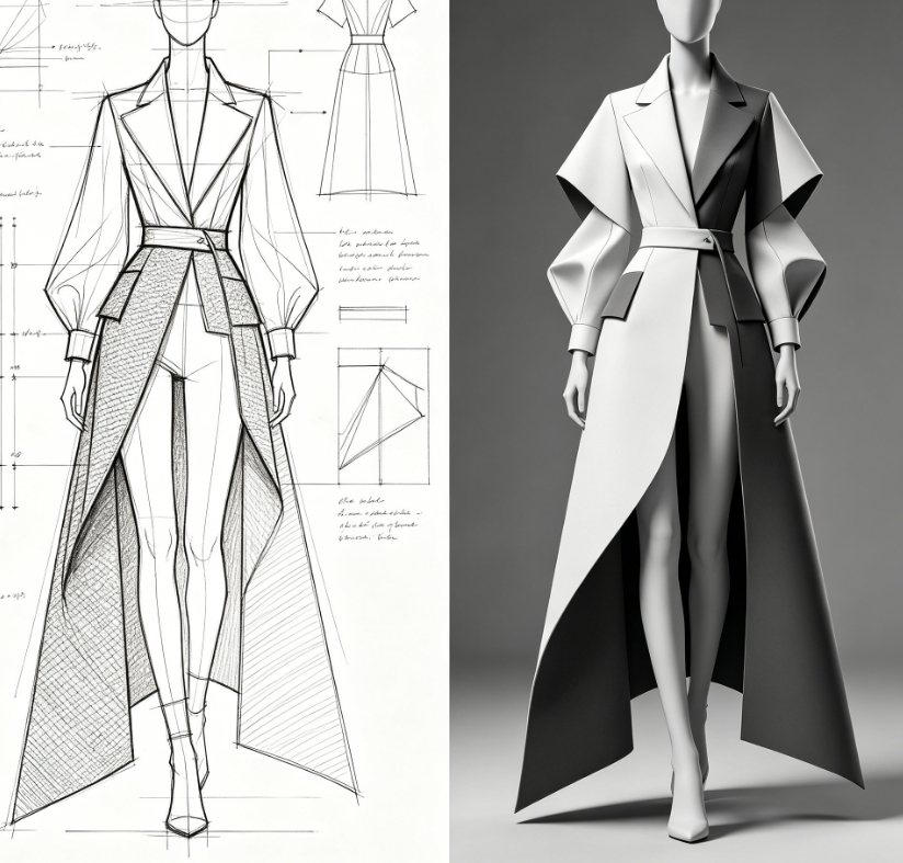 Deconstructed trench coat fashion sketch to render