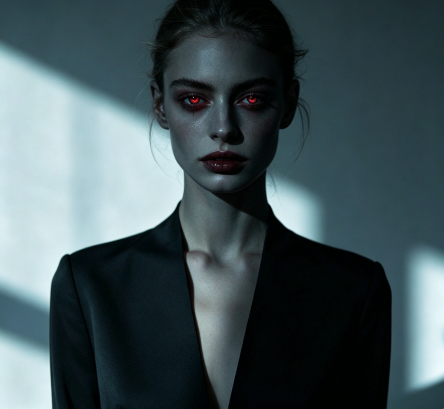 Dark demon filter, glowing red eyes, smoky dark eye makeup, moody side lighting