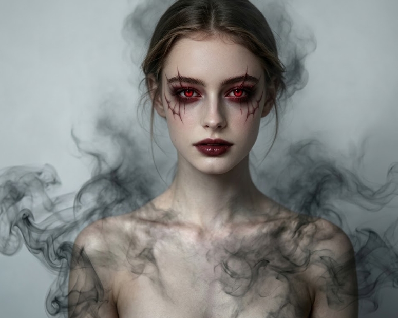 A dramatic, stylized fashion portrait of a young woman featuring elaborate Halloween or fantasy makeup, including glowing red eyes, intricate red vascular textures on her face, and dark lips. Swirls of dark gray smoke billow around her and her bare shoulders against a clean, light gray background.