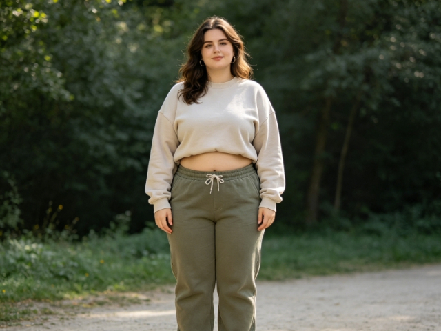 A natural full-body portrait of a young woman with wavy brown hair. She is wearing a casual cream-colored cropped top and olive green sweatpants, confidently displaying her more natural and realistic full figure, with her hands resting at her sides, standing on a forest path.