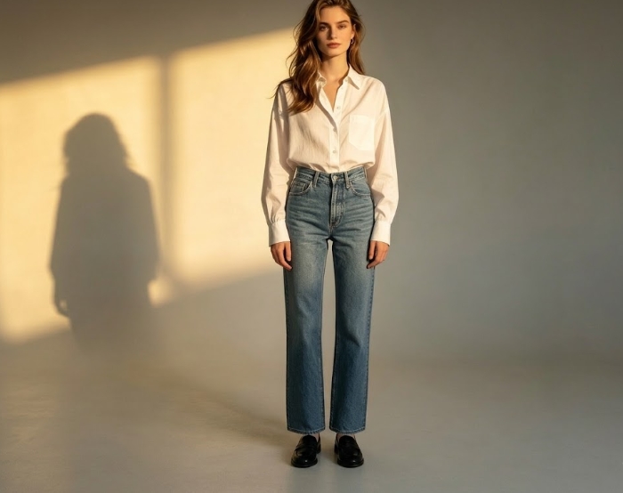 A young woman with long brown wavy hair, wearing a crisp white shirt and classic straight-leg jeans with black loafers, standing in a warm-toned indoor setting with a soft shadow cast on the wall, capturing a natural and minimalist modern style.