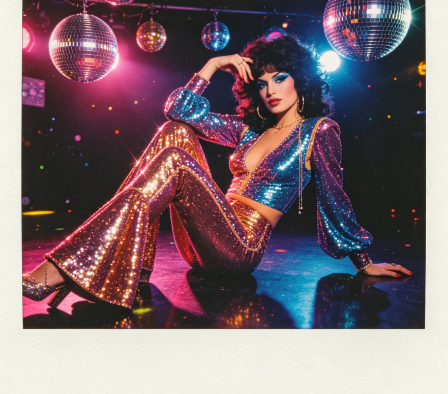 1970s disco party portrait, Polaroid film, vibrant neon colors, flash photography effect, centered dancing woman