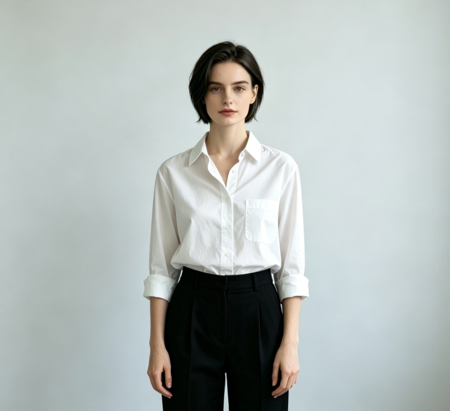 Young woman with neat short bob haircut, wearing white shirt and black trousers, minimalist studio background
