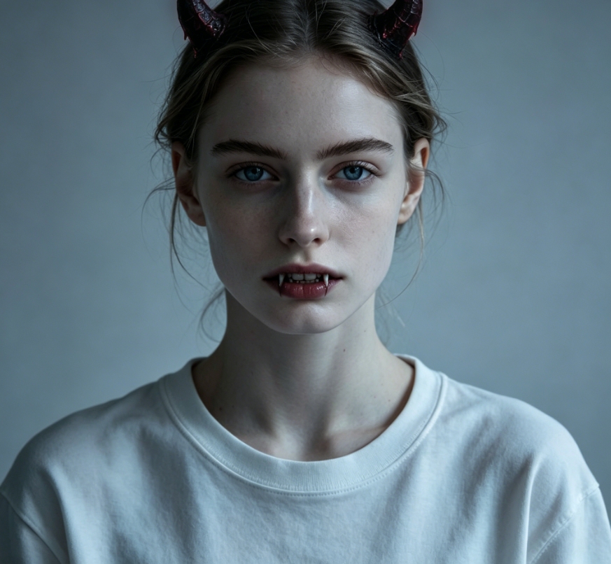 Vampire demon filter effect, red demon horns, sharp fangs, pale skin, minimalist background