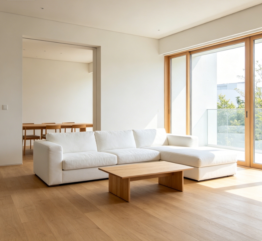 Original modern minimalist living room, white sofa, wooden coffee table, floor-to-ceiling windows, bright and clear, no filter