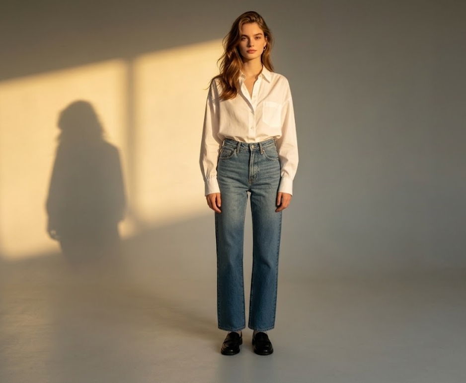 A young woman with long brown wavy hair, wearing a crisp white shirt and classic straight-leg jeans with black loafers, standing in a warm-toned indoor setting with a soft shadow cast on the wall, capturing a natural and minimalist modern style.