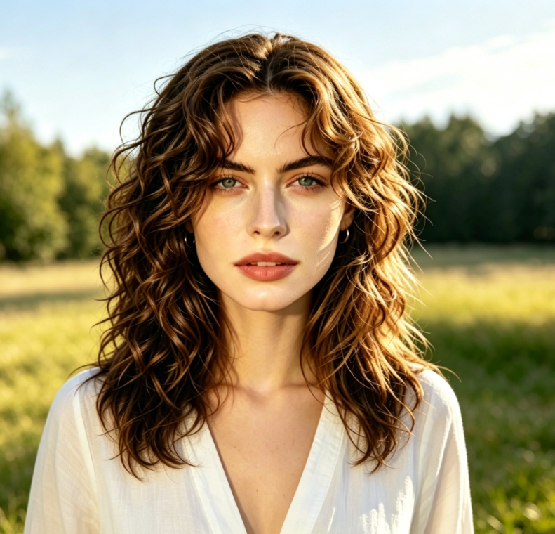 Casual young woman with messy high bun hairstyle, wearing beige sweater, home setting