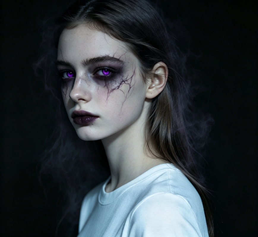 Abyss monster demon filter, dark purple devil eyes, subtle dark lines on face, gloomy atmosphere with black mist in hair