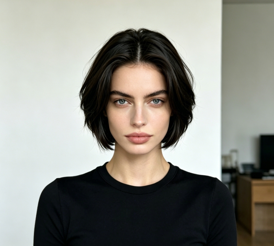Woman with sleek dark short bob hairstyle, wearing black top, minimalist indoor background