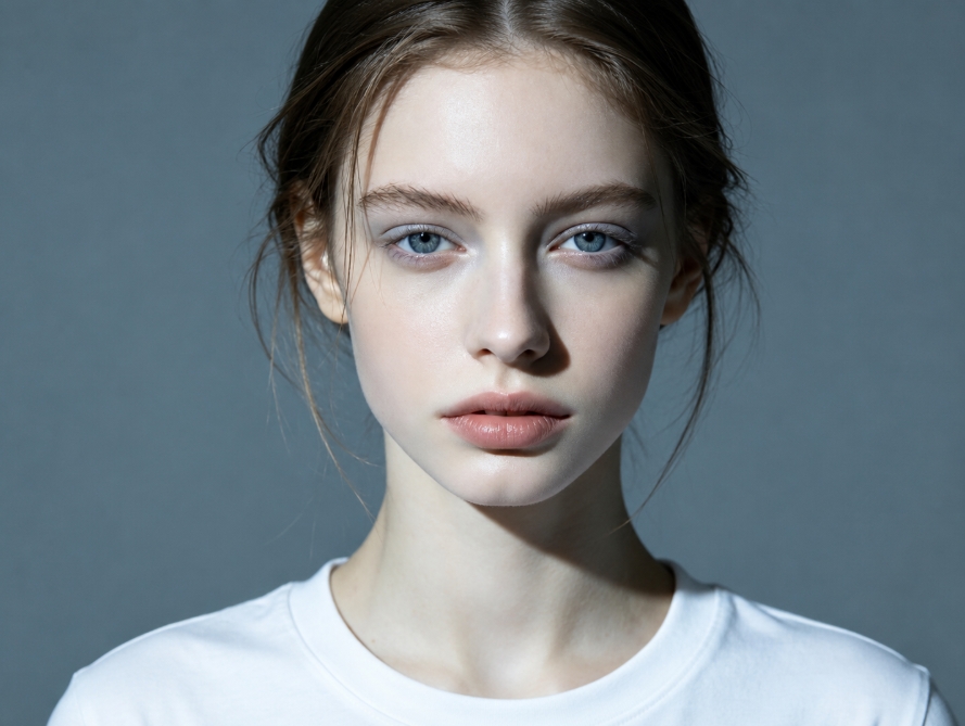Portrait of a young woman with light brown hair pulled back, fair skin, blue eyes, and natural makeup, wearing a plain white t-shirt against a muted grey background, soft studio lighting highlighting her features.