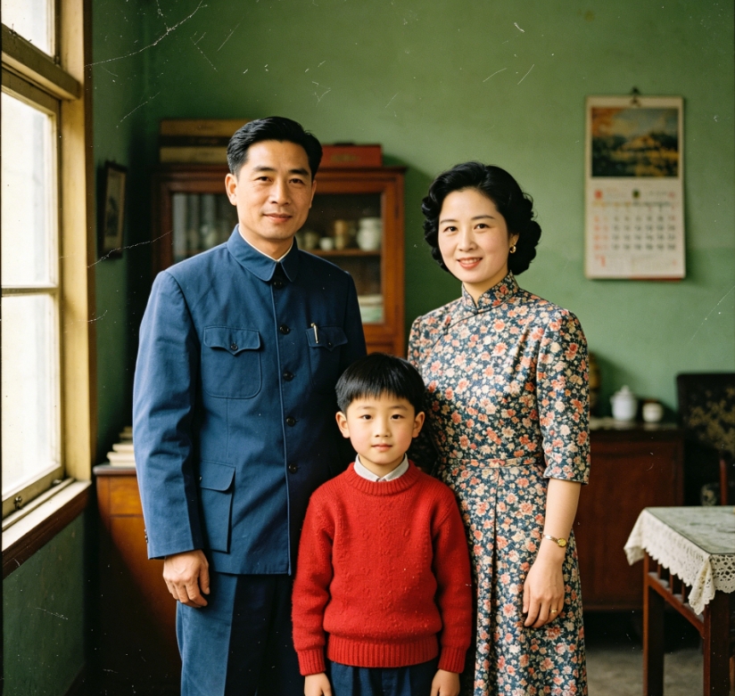 1970s family snapshot, Fujifilm C200 film, faded greenish tone, heavy grain, vintage home interior, centered composition