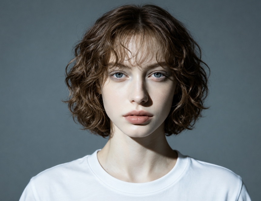 Portrait of the same young woman with short curly light brown hair, fair skin, blue eyes, and natural makeup, wearing a plain white t-shirt against a muted grey background, consistent studio lighting maintaining the same facial features and tone.